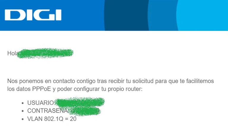 Email Digi credenciales PPPoE - cambiar el router del operador por uno propio